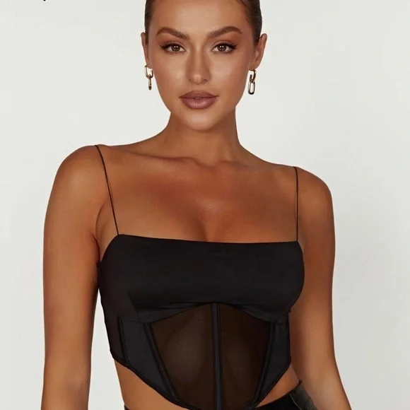 Meshki Corset Top SET - Black Satin Two-Piece Set - Picture 1 of 12